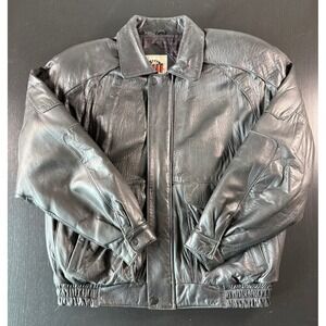 G-III Global Identity Mens Vintage Black Leather Bomber Jacket Size L Quilted